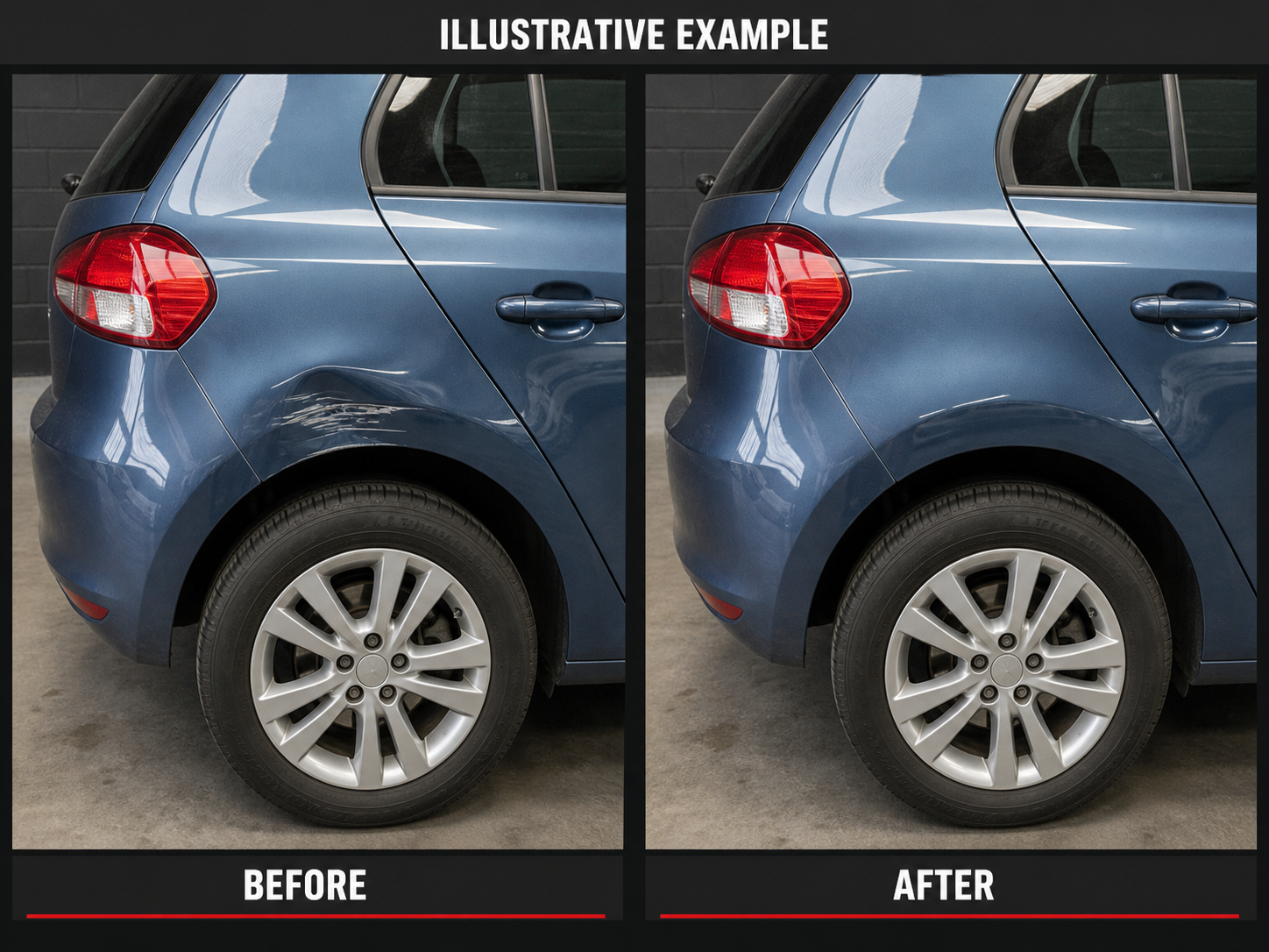Illustrative example comparison: a blue hatchback rear quarter panel dented and scraped on the left, and the same panel straight and repainted on the right