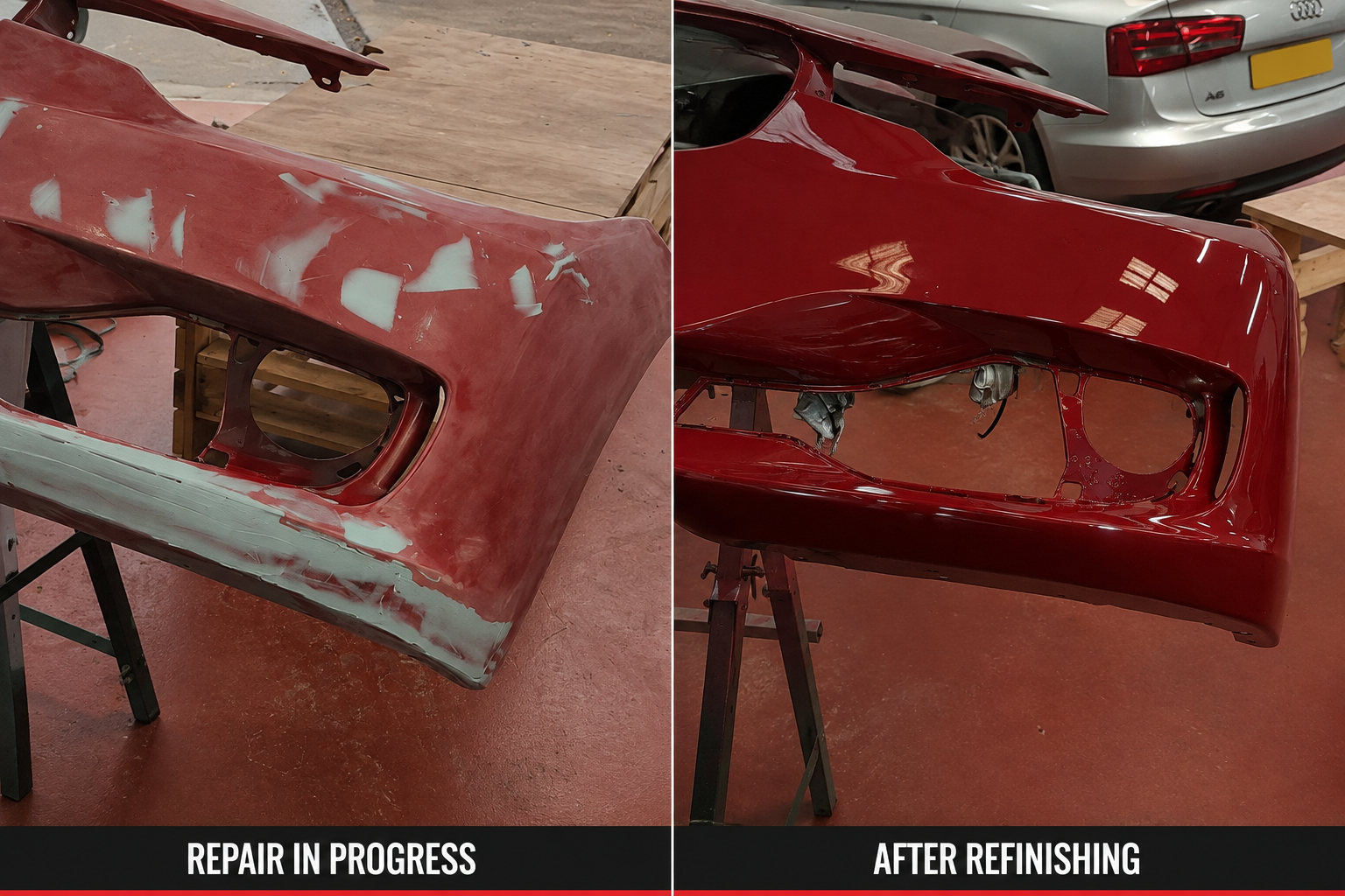 Two-panel comparison of the deep red Jaguar front bumper: filler and sanded areas during repair on the left, the same bumper fully refinished in gloss red on the right