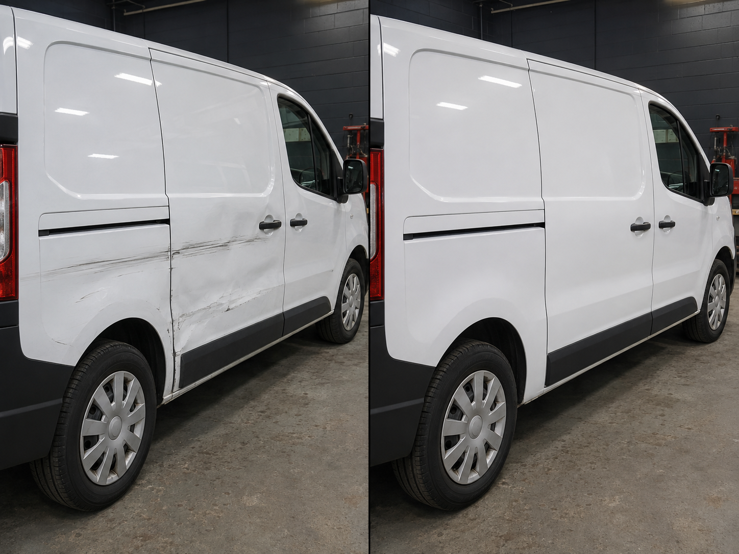 White panel van before and after side panel repair