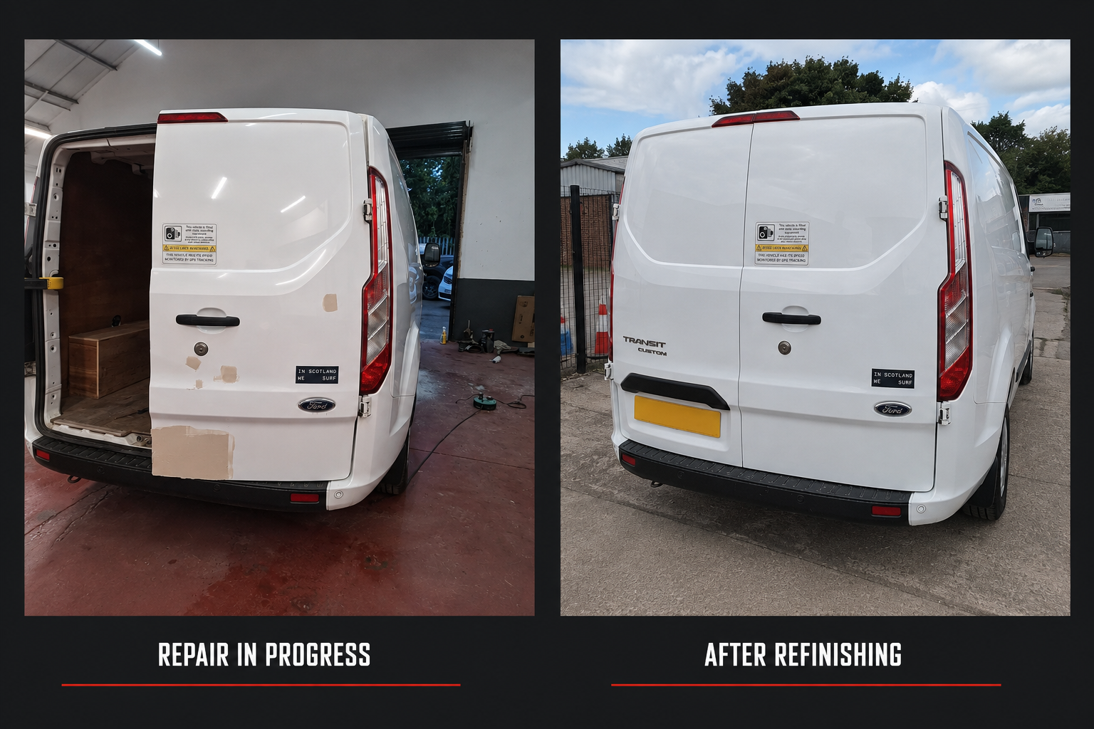 Two-panel comparison of a white Ford Transit Custom rear door: open indoors with filler patches applied during repair on the left, closed outdoors and fully refinished on the right