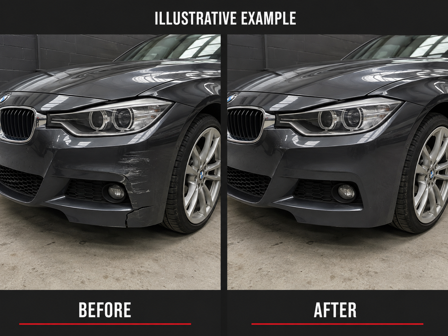 Illustrative example comparison: a dark grey BMW 3 Series front bumper scuffed and cracked on the left, and the same bumper smooth and refinished on the right