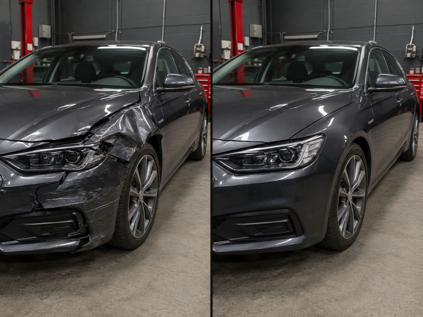 Grey saloon car before and after front accident repair